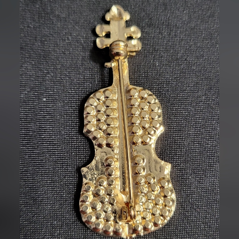 Goldtone Rhinestones Violin Brooch - Picture 2 of 2